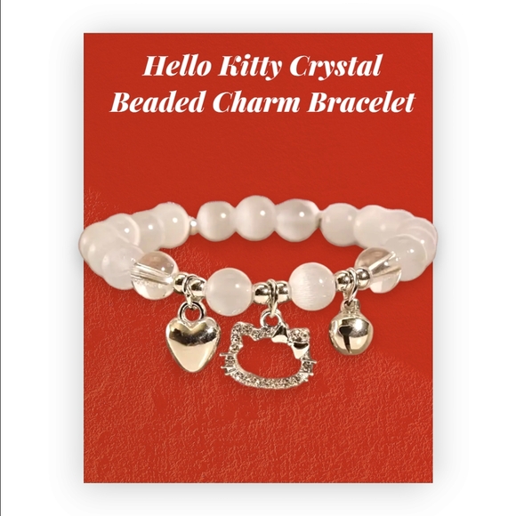 Sanrio HELLO KITTY Pearly White Crystal Beaded Rhinestone Charm Bracelet - Picture 8 of 15